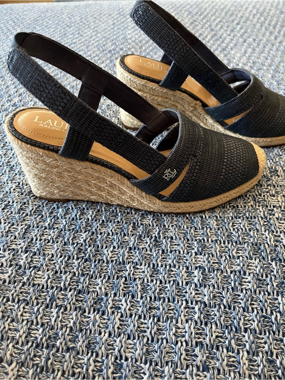 LAUREN Ralph Lauren Navy Woven Espadrille Slingback Flats with Natural Jute Toe - Picture 4 of 14